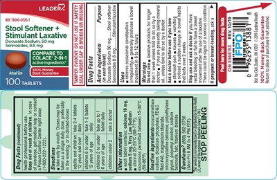 Leader Stool Softener + Stimulant Laxative Tablet 100 Ct. Product Label (Leader Stool Softener + Stimulant Laxative Tablet 100 Ct. Product Label)